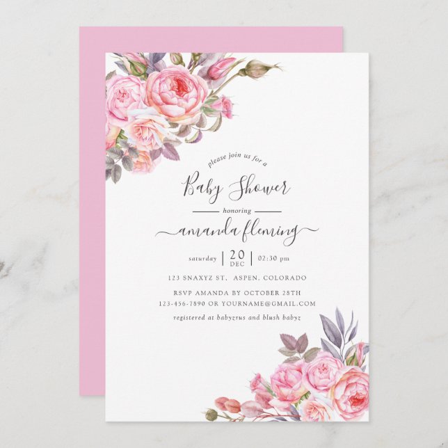 Convite Chá de fraldas de Aquarela Floral Rosa (Frente/Verso)