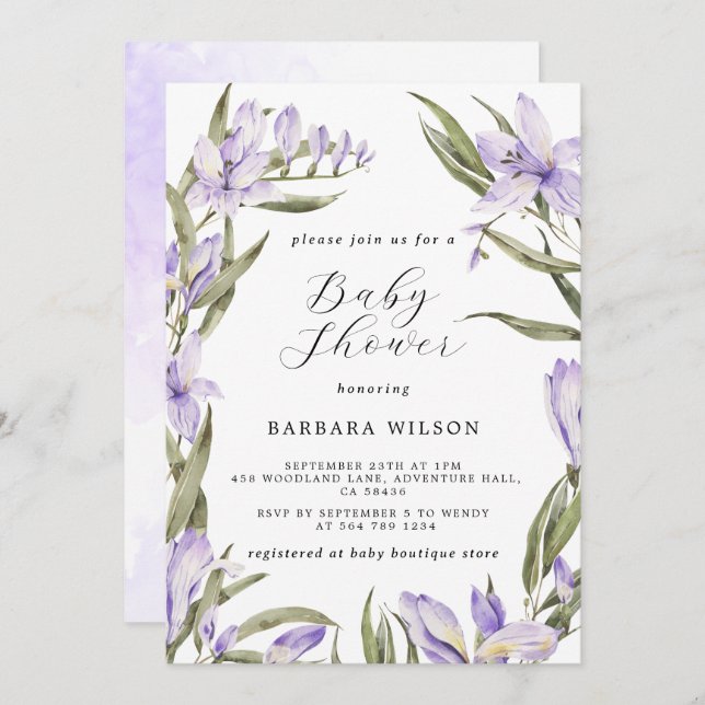 Convite Chá de fraldas de Aquarela Floral Roxo (Frente/Verso)