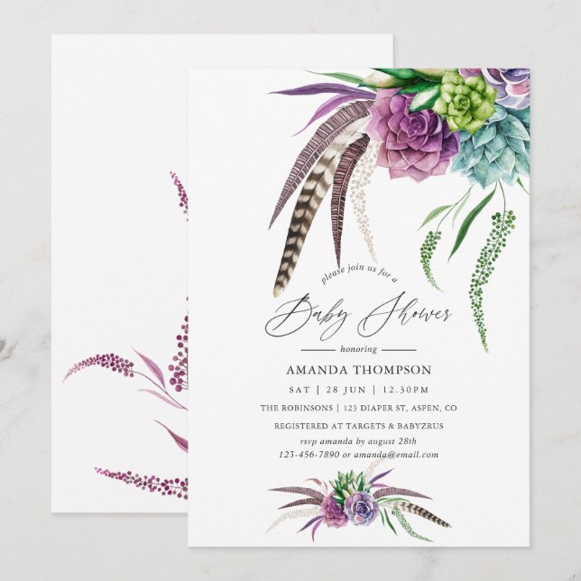 Convite Chá de fraldas de Aquarela Mística Boho (Frente/Verso)