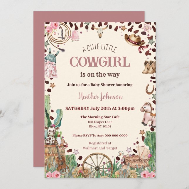 Convite Chá de fraldas de Aquarela Ocidental para Garota C (Frente/Verso)