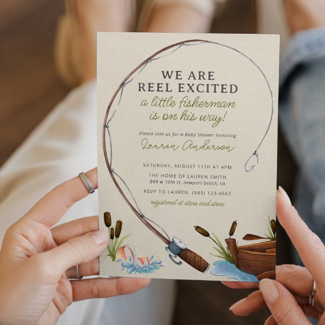 Convite Chá de fraldas de Aquarela para pescadores entusia (Easily personalize this baby shower invitation for a sweet, trendy shower for the little man to come)