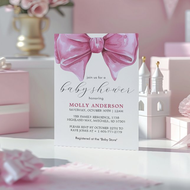 Convite Chá de fraldas de Aquarela Rosa Girassol (Girly Pink Watercolor Bow Baby Shower Invitation)