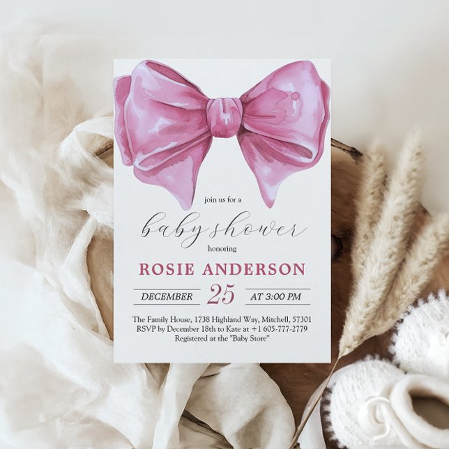 Convite Chá de fraldas de Aquarela Rosa Girassol (Girly Pink Watercolor Bow Baby Shower Invitation)