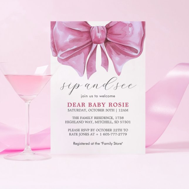 Convite Chá de fraldas de aquarela rosa giro e Arco (Girly Pink Watercolor Bow Baby Shower Sip and See Invitation)