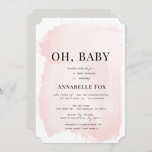 Convite Chá de fraldas de Aquarela Rosa Maciço Minimizado (Frente/Verso)