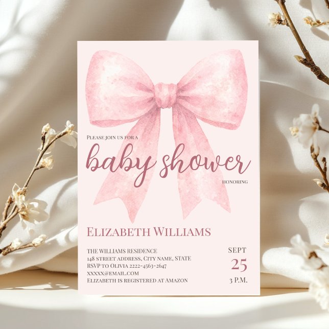 Convite Chá de fraldas de Aquarela rosa - mínimo (Minimalistic coquette Theme pink bow baby shower  invitation)