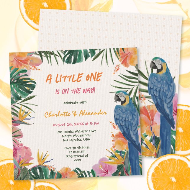 Convite Chá de fraldas de Aquarela Tropical (Tropical Floral Parrot Watercolor Baby Shower Invitation ©Susanne Sachers - Sunny Mind 🌞)