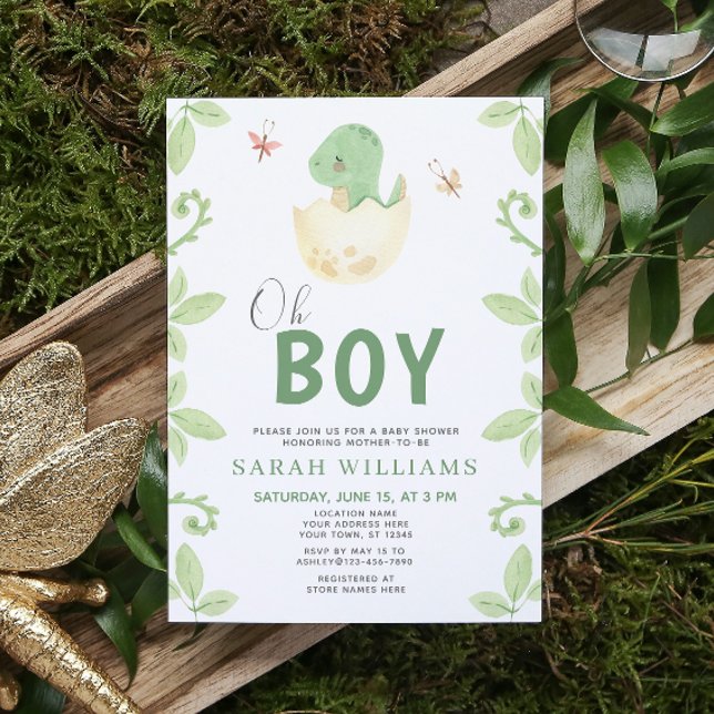 Convite Chá de fraldas de Aquarela Verde de Dinossauro Bon (Get ready for a Jurassic celebration with our adorable dinosaur baby shower invitations! 🦕)