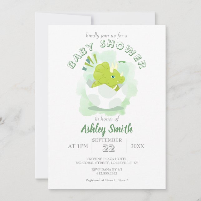 Convite Chá de fraldas de Aquarela Verde de Ovo Dinossauro (Frente)