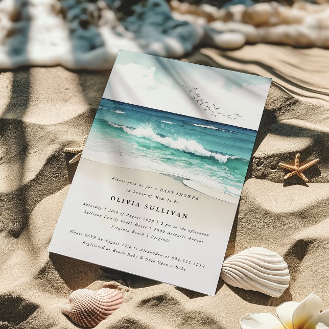 Convite Chá de fraldas de Aquarelas do Mar de Praia Costei (Coastal Beach Sea Sand Watercolor Baby Shower Invitation )