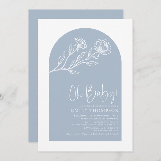 Convite Chá de fraldas de Arca Botânica Azul Moderno (Frente/Verso)