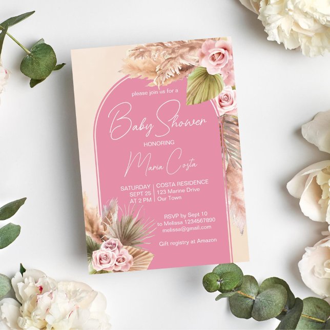 Convite Chá de fraldas de arca rosa-boho-do-pasto-pampas (Boho pink pampas grass roses modern arch baby shower invitation template instant download)
