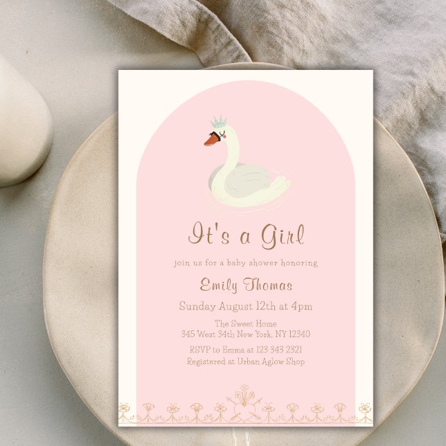 Convite Chá de fraldas de Arca Swan, Princesa Elegante Ros (Pink Elegant Princess Swan Arch Baby Shower Invitation)