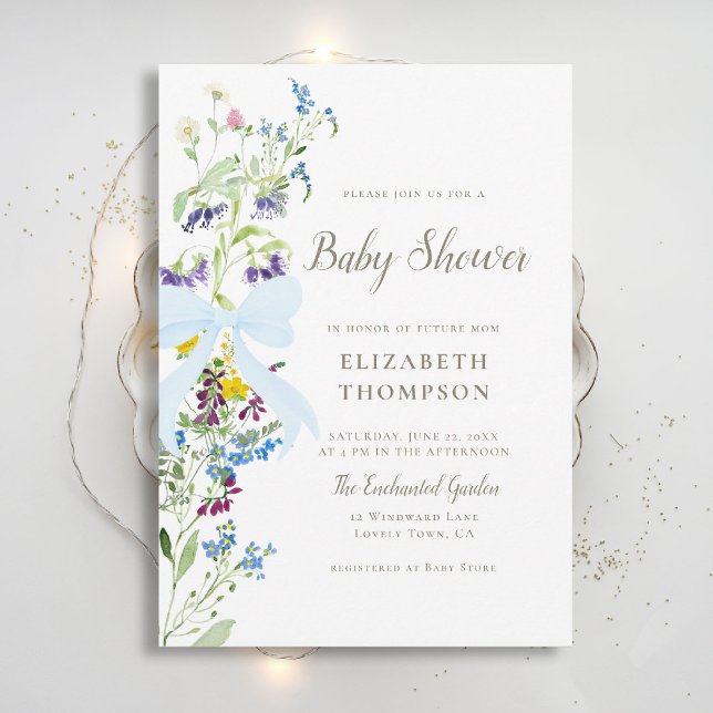 Convite Chá de fraldas de Arco Azul de Flores Moles (wildflowers baby shower invitation blue bow elegant garden party colorful happy watercolor rustic)