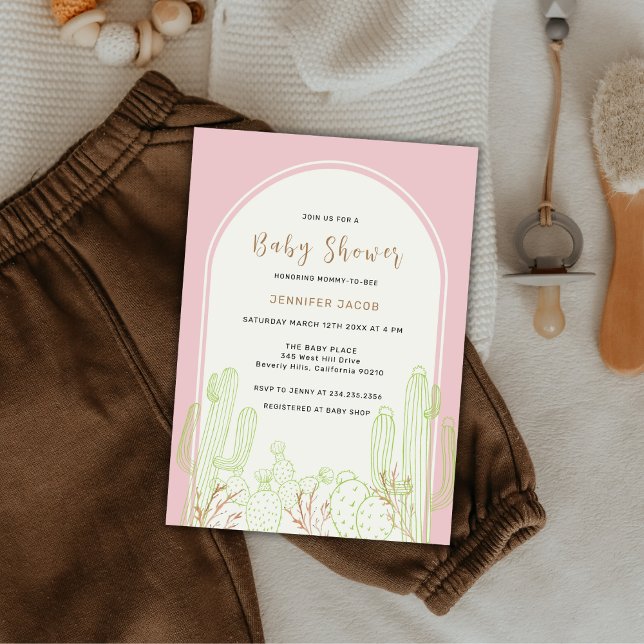Convite Chá de fraldas de Arco Boho Cactus, Minúsculo e Ro (Dusty Pink Minimalist Boho Cactus Arch Baby Shower Invitation)