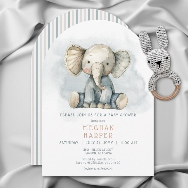 Convite Chá de fraldas de Arco com Fenda Azul Elefante (Elephant Blue Striped Arch Baby Shower Invitation)