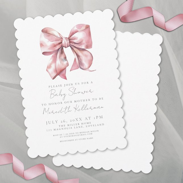 Convite Chá de fraldas de Arco cor-de-rosa elegante (Elegant Scallop Pink Bow Baby Shower Invitation)