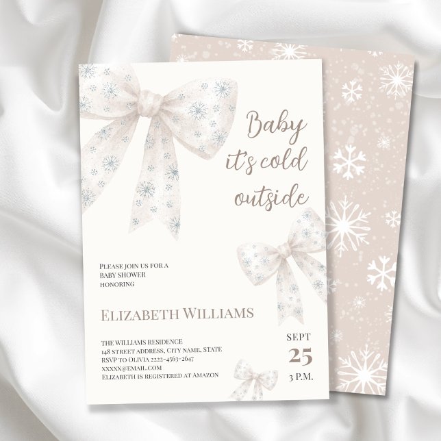 Convite Chá de fraldas de Arco de Aquarela Branca (Winter Baby Shower Invitation | Baby It’s Cold Outside Theme with beige neutral Snowflake Bows)