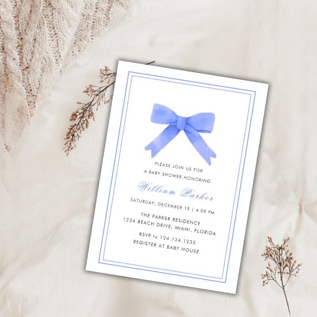 Convite Chá de fraldas de Arco de Aquarela Simples (Simple Blue Watercolor Bow Boy Baby Shower Invitation)