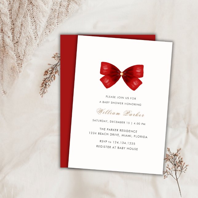 Convite Chá de fraldas de Arco de Aquarela Simples Vermelh (Red Simple Watercolor Bow Baby Shower Invitation)