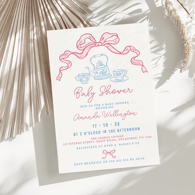 Convite Chá de fraldas De Arco De Chá Desenhado À Mão (Bow Tea Whimsical Baby Shower Invitation, Hand Drawn Illustration Baby Shower Invitation, Pink Blue)