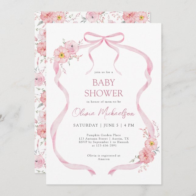 Convite Chá de fraldas de Arco de Fita Floral Rosa (Frente/Verso)