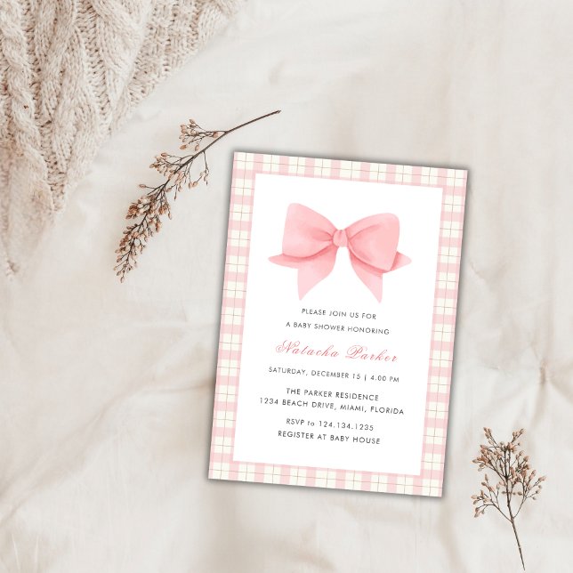 Convite Chá de fraldas de Arco de Gingham, rosa-branca, (Cute Pink Gingham Plaid Bow Girl Baby Shower Invitation)