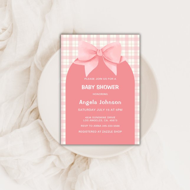 Convite Chá de fraldas de Arco de Xadrez Gingham Rosa-Rosa (Cute Pink Gingham Plaid Arch Bow Girl Baby Shower Invitation)