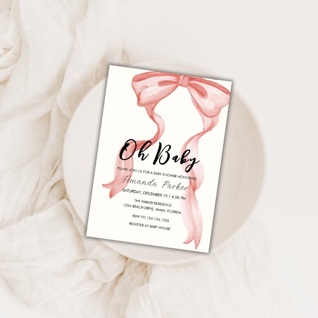 Convite Chá de fraldas de Arco Elegante Moderno Rosa (Pink Modern Elegant Bow Girl Baby Shower Invitation)