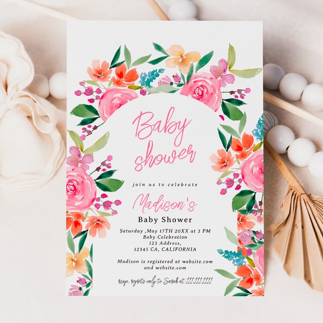 Convite chá de fraldas de arco floral de aquarela de jardi (Pretty garden floral watercolor arch baby shower invitation)