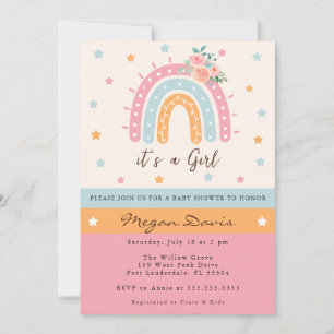 Convite Chá de fraldas de Arco-Íris Floral Rosa É Uma Rapa