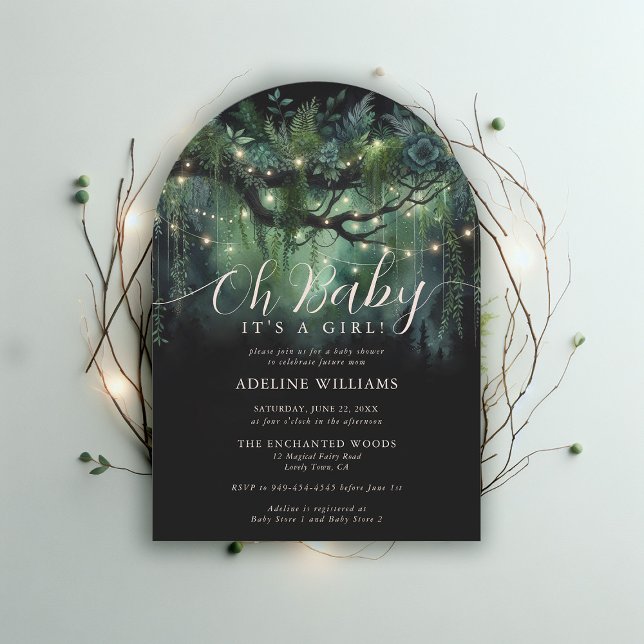 Convite Chá de fraldas de Arco Mágico da Floresta Encantad (enchanted forest baby shower emerald green boho arch magical woodland fairy tale faerie invitation)