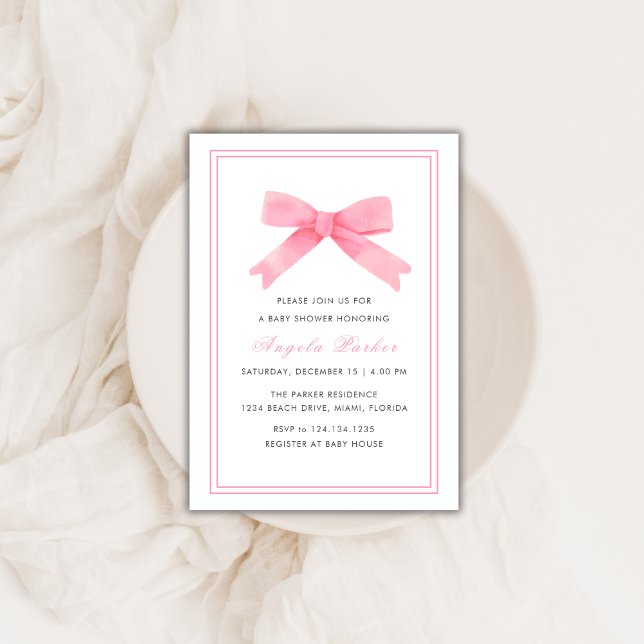 Convite Chá de fraldas de Arco Mínimo Rosa Simples (Pink Simple Minimalist Bow Girl Baby Shower Invitation)