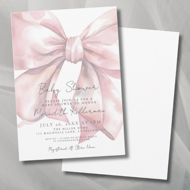 Convite Chá de fraldas de Arco rosa com aquarela (Watercolor Pink Bow Baby Shower Invitation)