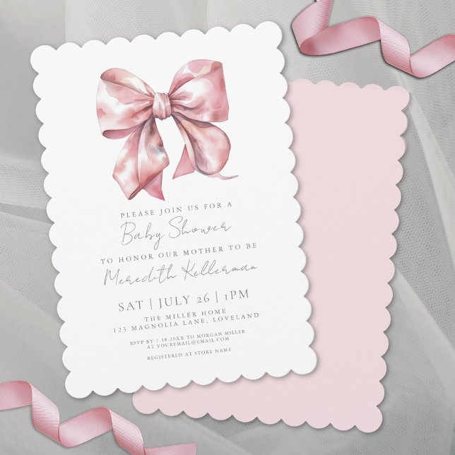 Convite Chá de fraldas de Arco rosa elegante (Elegant Pink Bow Coquette Girl Baby Shower Invitation)