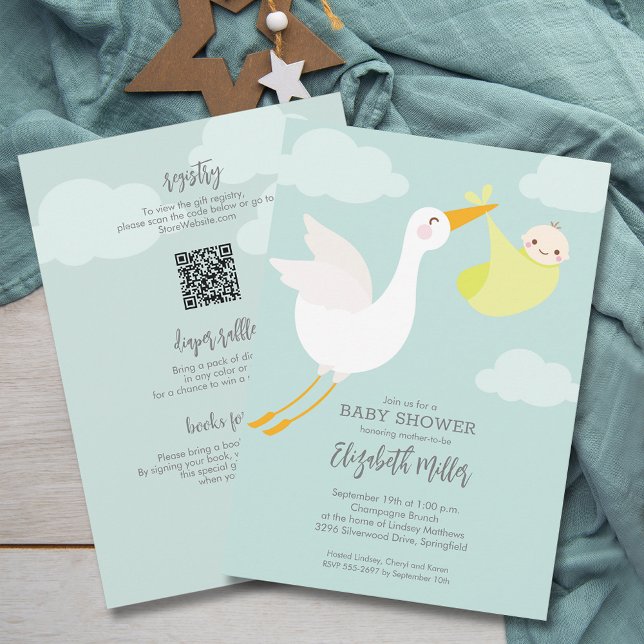 Convite Chá de fraldas de Armazenamento de Pacote Amarelo- (Cute Yellow Bundle Stork Baby Shower All In One Invitations, registry QR Code & more on the back)
