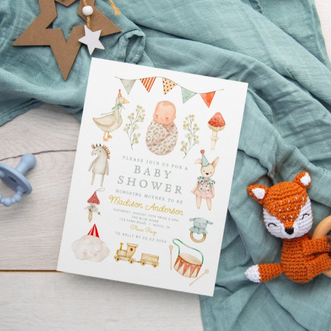 Convite Chá de fraldas De Artigos De Bebê De Aquarela (Criador carregado)