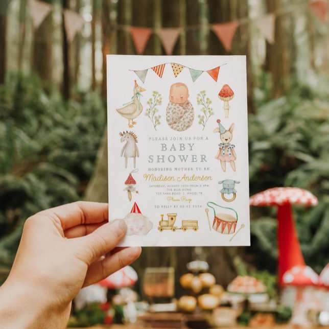 Convite Chá de fraldas De Artigos De Bebê De Aquarela (Criador carregado)