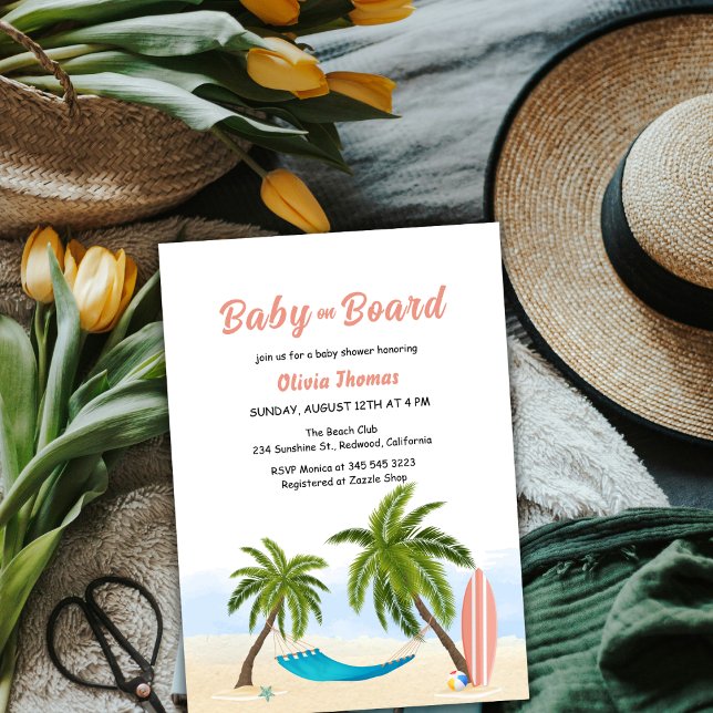 Convite Chá de fraldas De Árvore Do Surf Da Praia Do Conse (Baby On Board Beach Surf Palm Tree Baby Shower Invitation)