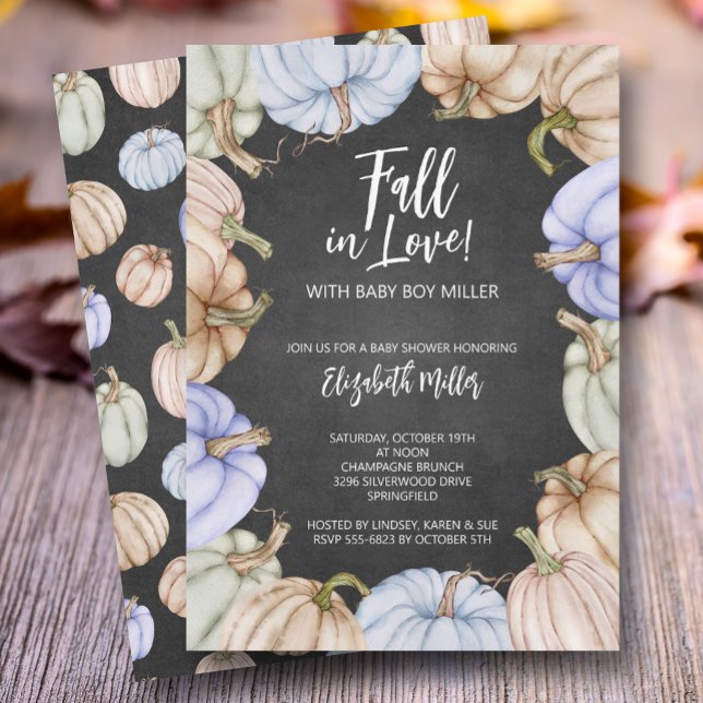 Convite Chá de fraldas de Autumn Pumpkins (Blue pumpkins boy baby shower invitations, INSTANT DOWNLOAD and/or PRINTED)