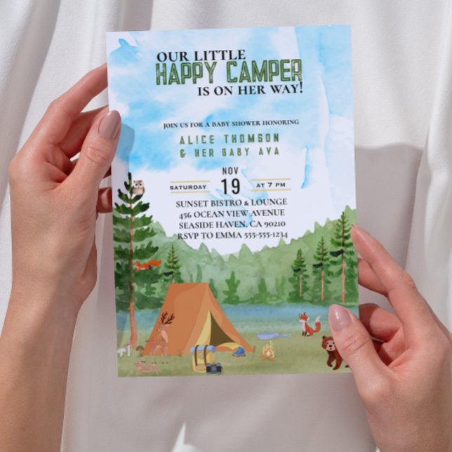 Convite chá de fraldas de aventura da floresta de campismo (camper adventure country outdoor baby shower forest theme animals little happy camper camping lover)
