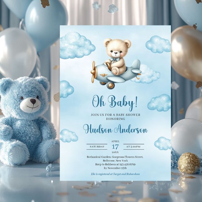 Convite Chá de fraldas de aviador de ursinho (cute teddy bear pilot in airplane boy baby shower invitation downloadable)
