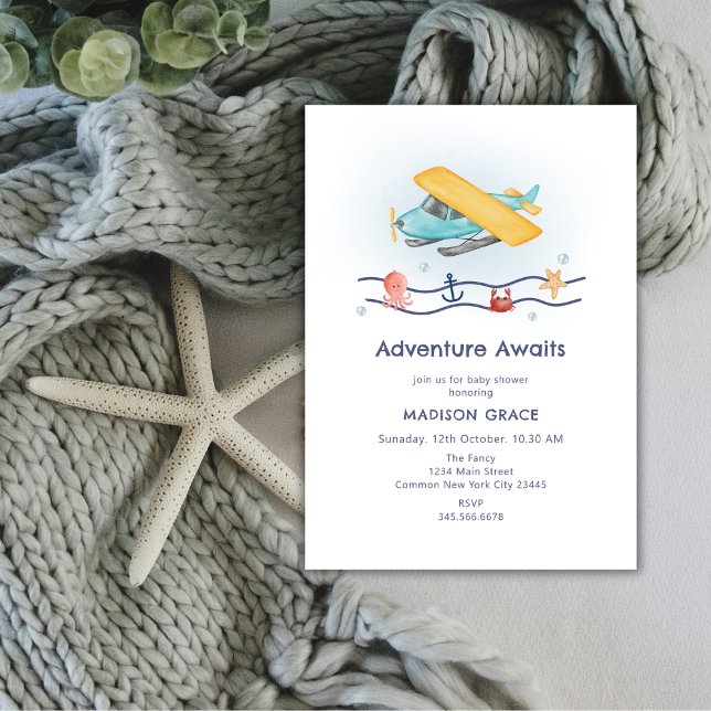 Convite Chá de fraldas de Avião de Aventura Viagem de Verã (Summer Travel Adventure Sea Airplane Baby Shower Invitation)