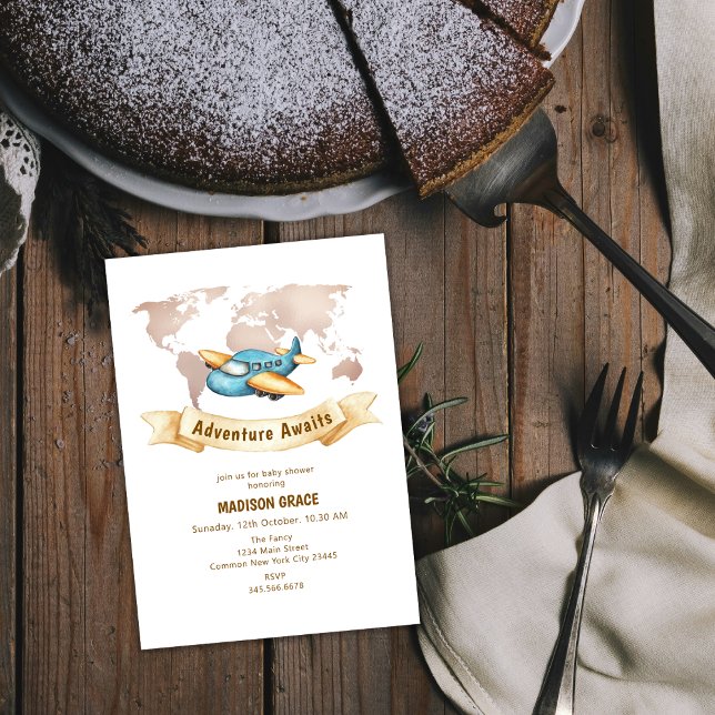 Convite Chá de fraldas de Avião do Mapa Mundial de Aventur (Modern Adventure World Map Airplane Baby Shower Invitation)