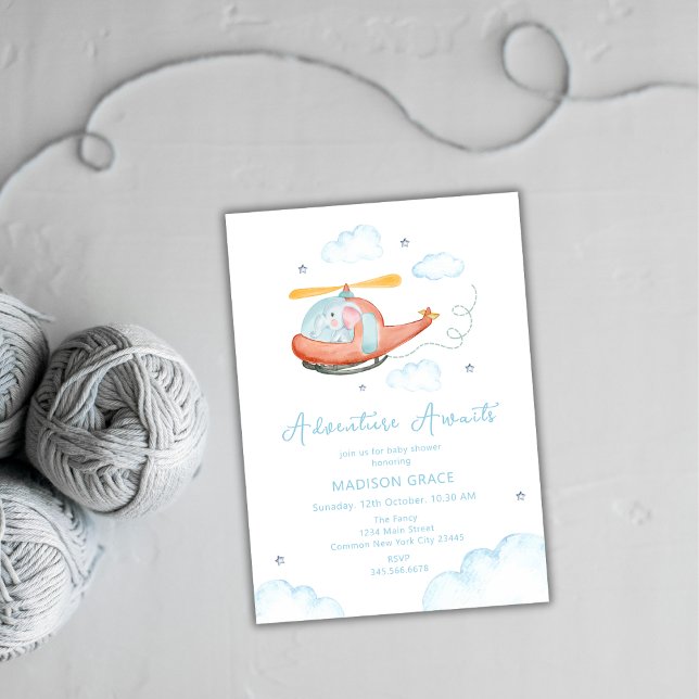 Convite Chá de fraldas de avião Helicóptero com Elefante A (Cute Blue Elephant Helicopter Airplane Baby Shower Invitation)