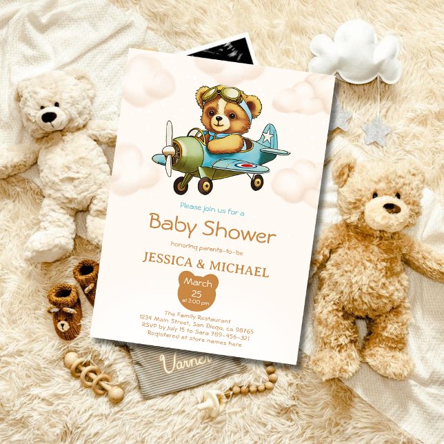 Convite Chá de fraldas de avião-piloto Teddy Bear Tiny (Teddy Bear Tiny Pilot Airplane Baby Shower Invitation)