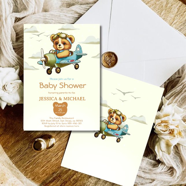 Convite Chá de fraldas de avião-piloto Teddy Bear Tiny (Teddy Bear Tiny Pilot Airplane Baby Shower Invitation)