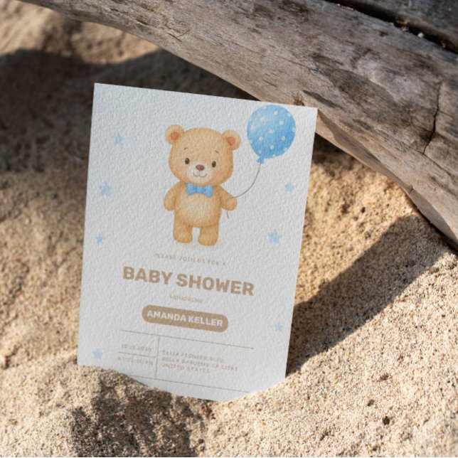 Convite Chá de fraldas de Balão Azul de Urso Bebês Simples (Criador carregado)