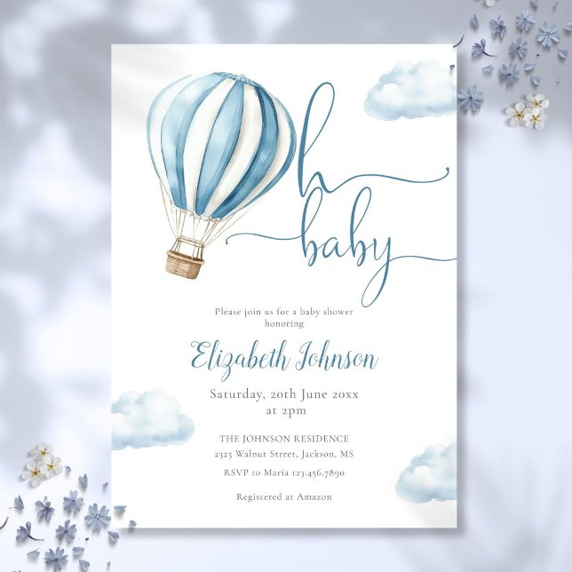 Convite Chá de fraldas de Balão de Ar Quente Azul Baby Boy (Oh Baby Boy Blue Hot Air Balloon Baby Shower Invitation)