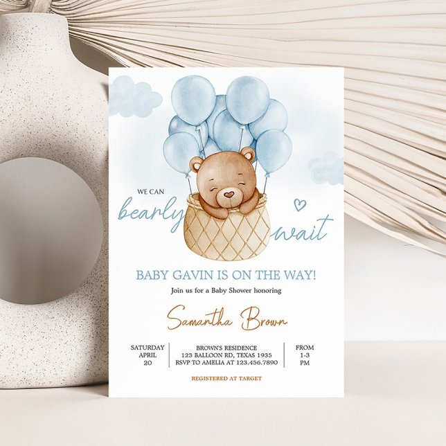 Convite Chá de fraldas de Balão de Ar Quente Azul do Urso  (Boy We Can Bearly Wait Baby Shower Invitation)